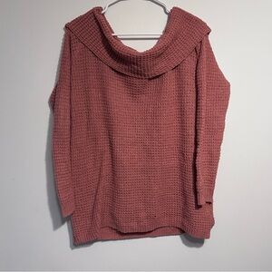 Cozy Pink Waffle Knit Fold Over Off-Shoulder Sweater